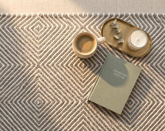 May include: A rectangular rug with a grey and white geometric diamond pattern. On the rug sits a beige ceramic mug filled with coffee, a sage green book titled GEOMETRIC TEXTURE, and an oval gold tray holding a white candle and a dried leaf.