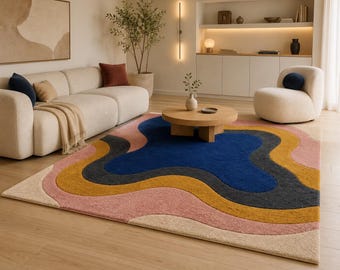 Hand Tufted Wool Rug, Abstract Geometric Carpet, Blue Pink Gold Modern Area Rug