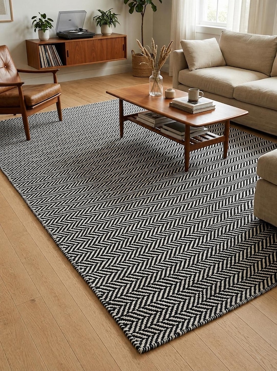 Handwoven Black Ivory Rug 8x10 | Scandinavian Geometric Pattern | Boho Neutral Area Rug | Custom Size