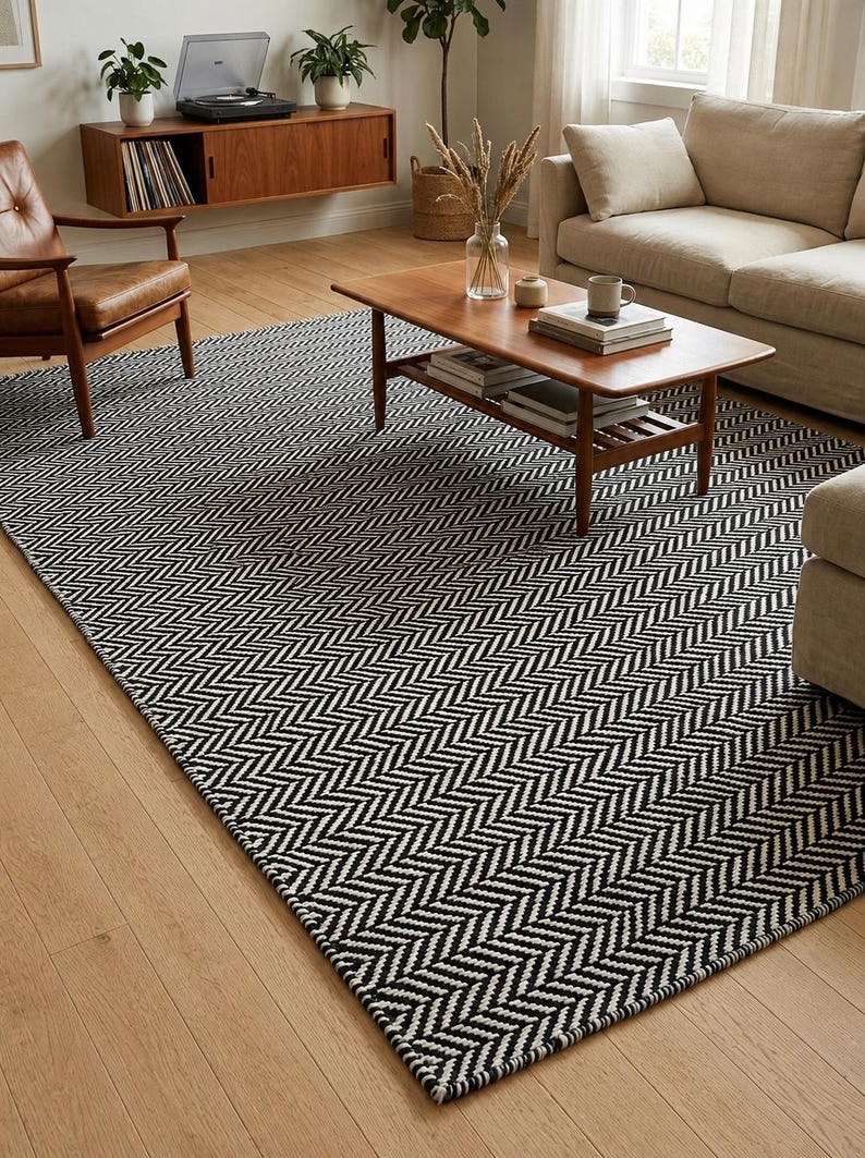 May include: A large rectangular area rug featuring a repeating black and white herringbone pattern. The rug is laid flat on a light-colored wooden floor, covering a significant portion of the space beneath a wooden coffee table and surrounding furniture.
