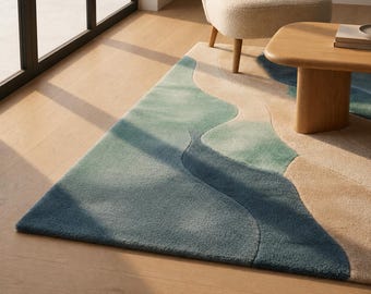 Blue Green Abstract Hand Tufted Wool Area Rug 8x10 | Modern Wavy Living Room Carpet