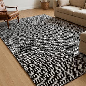 Handwoven Black Ivory Rug 8x10 | Scandinavian Geometric Pattern | Boho Neutral Area Rug | Custom Size image 2