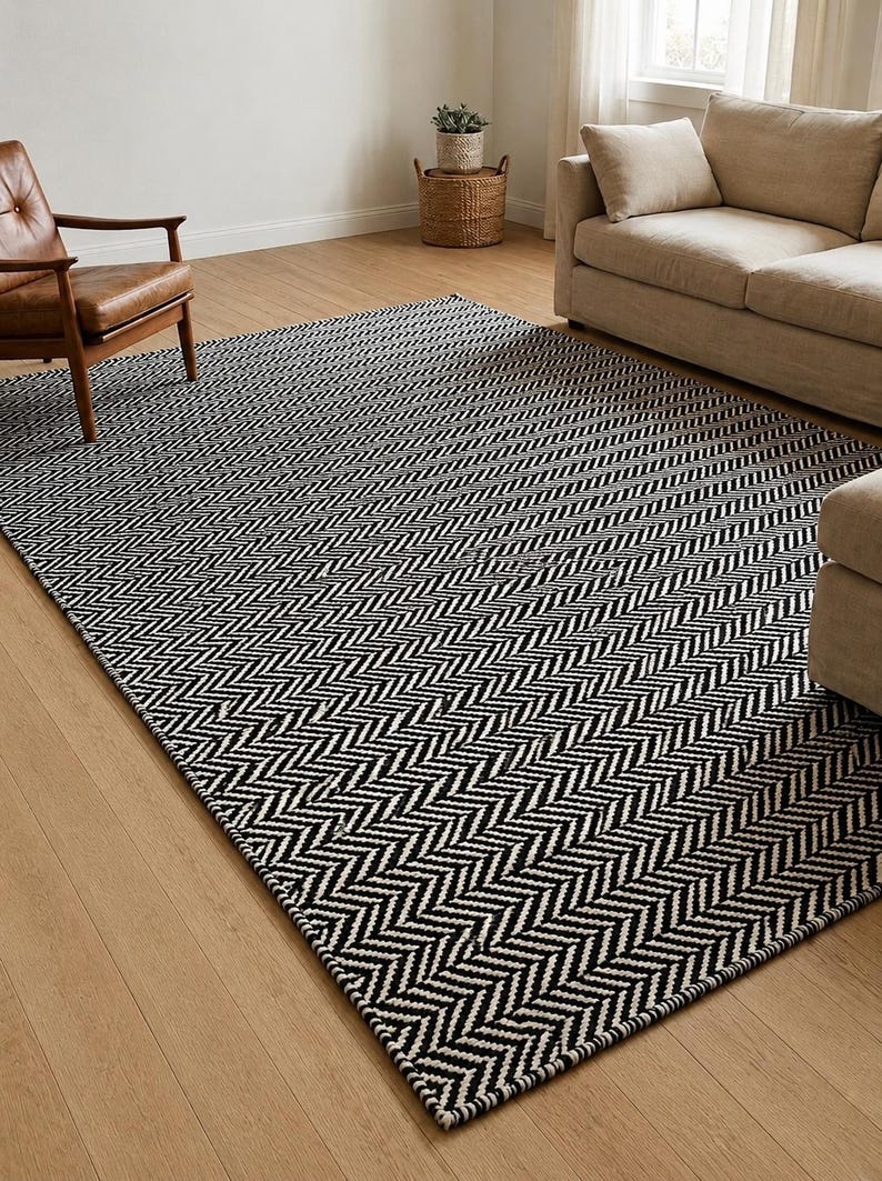 Handwoven Black Ivory Rug 8x10 | Scandinavian Geometric Pattern | Boho Neutral Area Rug | Custom Size image 2