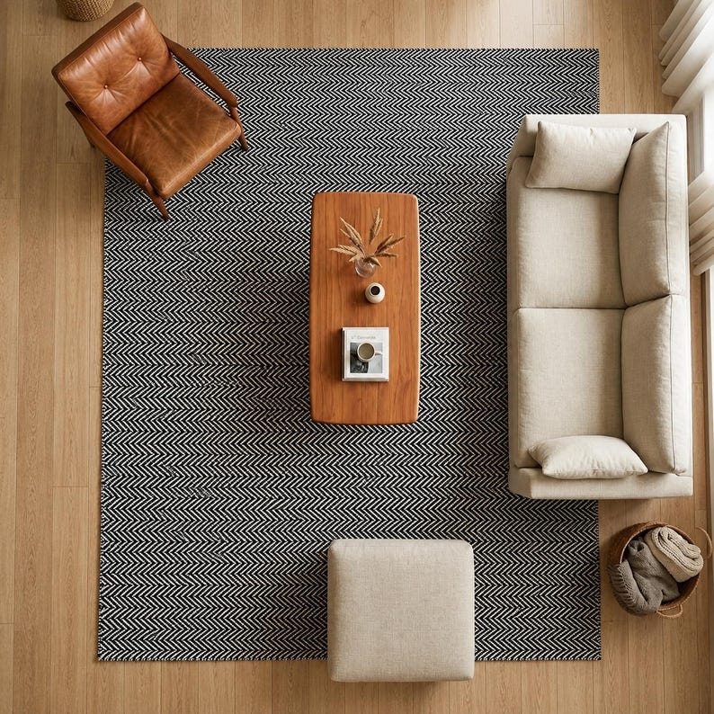 May include: A top-down view of a living room featuring a large black and white chevron rug, a tan leather armchair, a beige sofa with two matching throw pillows, a rectangular wooden coffee table with a small vase and book, and a beige ottoman.