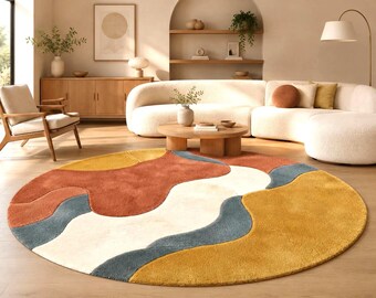 Round Abstract Wool Rug | Mustard, Terracotta, Grey, Cream | Hand Tufted Mid Century Retro