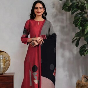 Maroon Silk Blend Kurta Set: Indian Floral Print Dress with Dupatta
