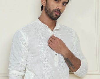 Handmade Cotton Kurta: Geometric Chikankari Indian Ethnic Dress for Men