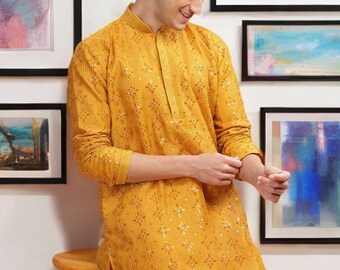 Handmade Cotton Lucknowi Kurta: Embroidered Sequinned Indian Ethnic Wear