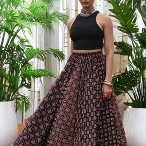 Handmade Cotton Maxi Skirt: Black Beige Maroon A-Line Indian Boho Flared Skirt