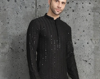 Handmade Rayon Kurta: Black Embroidered Sequinned Indian Ethnic Wear for Men