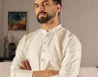 Handmade Viscose Rayon Kurta: Embroidered Indian Ethnic Men’s Dress