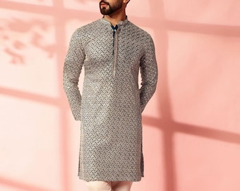 Handmade Cotton Kurta: Geometric Embroidered Indian Ethnic Wear