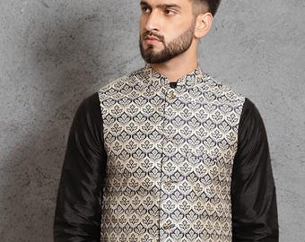 Handmade Silk Cotton Nehru Jacket: Navy Blue Indian Waistcoat for Men