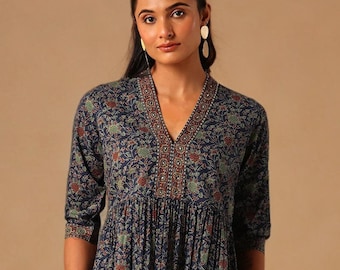 Handmade Cotton Printed Tunic: Blue Green V-Neck Summer Top