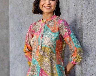 Handmade Silk Blend Kurti: Multicolor Floral Printed Indian Ethnic Dress