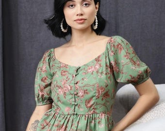 Handmade Floral A-Line Top: Green & Pink Puff Sleeve Square Neck Blouse
