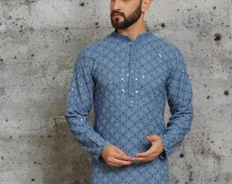 Handmade Cotton Kurta: Blue Embroidered Sequinned Indian Ethnic Men's Dress