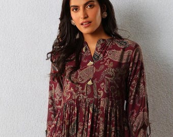 Handmade Rayon Printed Tunic: Maroon Mandarin Collar Indian Top