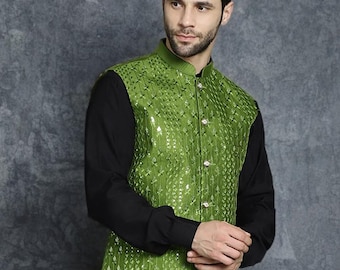 Veste Nehru en soie et coton faite à la main : Gilet ethnique indien vert brodé de sequins