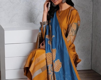 Handmade Silk Blend Kurta Set: Mustard Yellow Floral Indian Outfit with Trousers & Dupatta