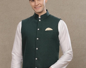 Veste Nehru faite main en coton et lin : gilet ethnique indien à broderie géométrique