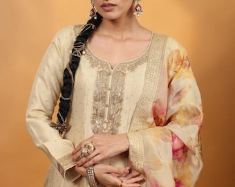 Women Beige Embroidered Anarkali Suit: Silk Blend Kurta Set with Dupatta
