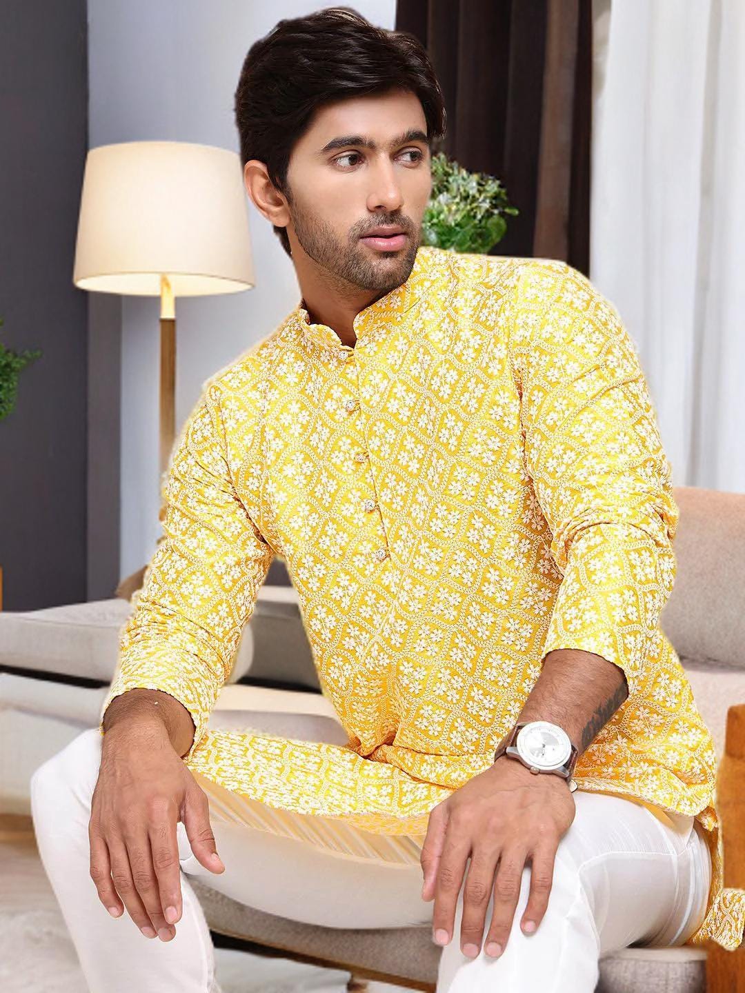 Handmade Silk Cotton Kurta Set: Floral Chikankari Indian Ethnic Outfit for Men
