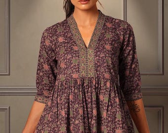 Handmade Cotton Printed Tunic: Maroon V-Neck Summer Top