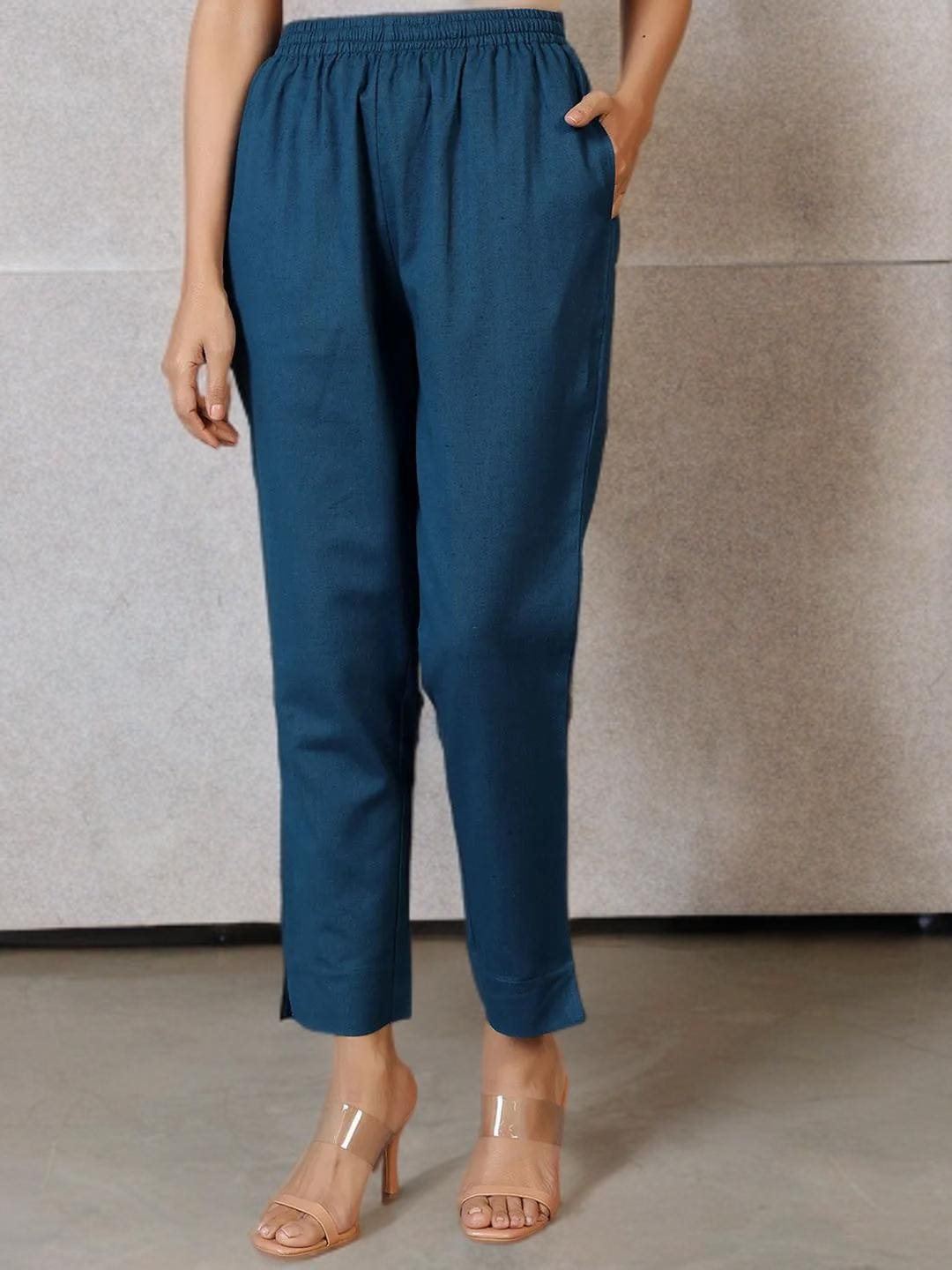 Women Mid Rise Straight Fit Cotton Trousers: Cropped Teal Flat-Front Pants