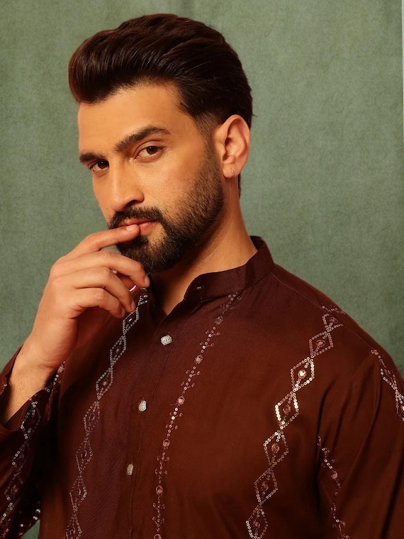 Handmade Cotton Kurta for Men: Brown Striped Embroidered Sequinned Indian Ethnic Outfit