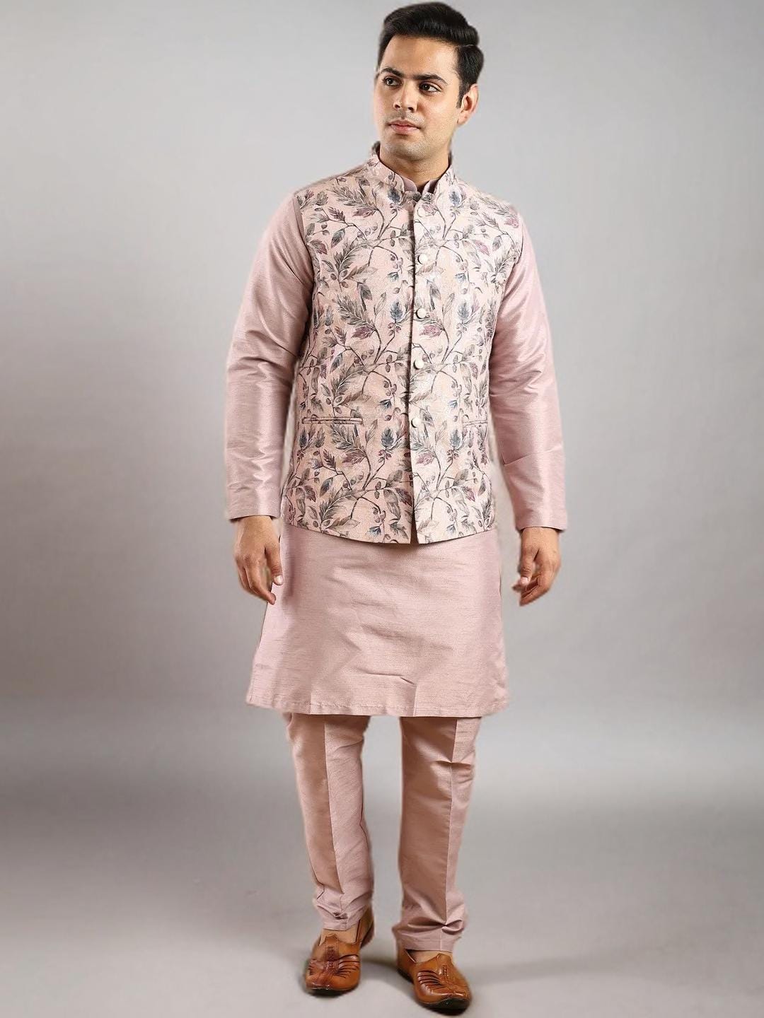 Men Solid Kurta Set: Art Silk Kurta with Trousers & Nehru Jacket