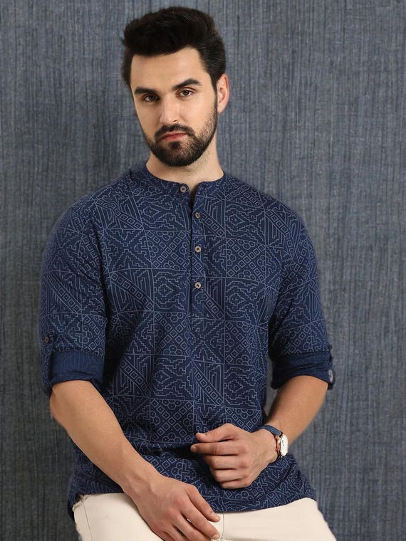 Handmade Indigo Cotton Short Kurta: Geometric Indian Shirt