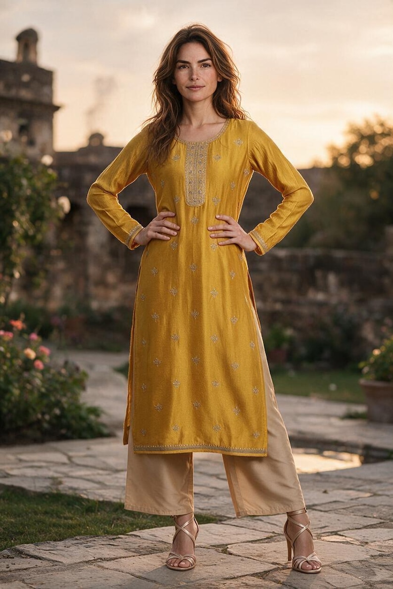 Puede incluir: Una t&uacute;nica de color amarillo mostaza de manga larga con un cuello redondo con bordados intrincados, combinada con pantalones beige de pierna ancha. La t&uacute;nica est&aacute; adornada con peque&ntilde;os motivos bordados florales.