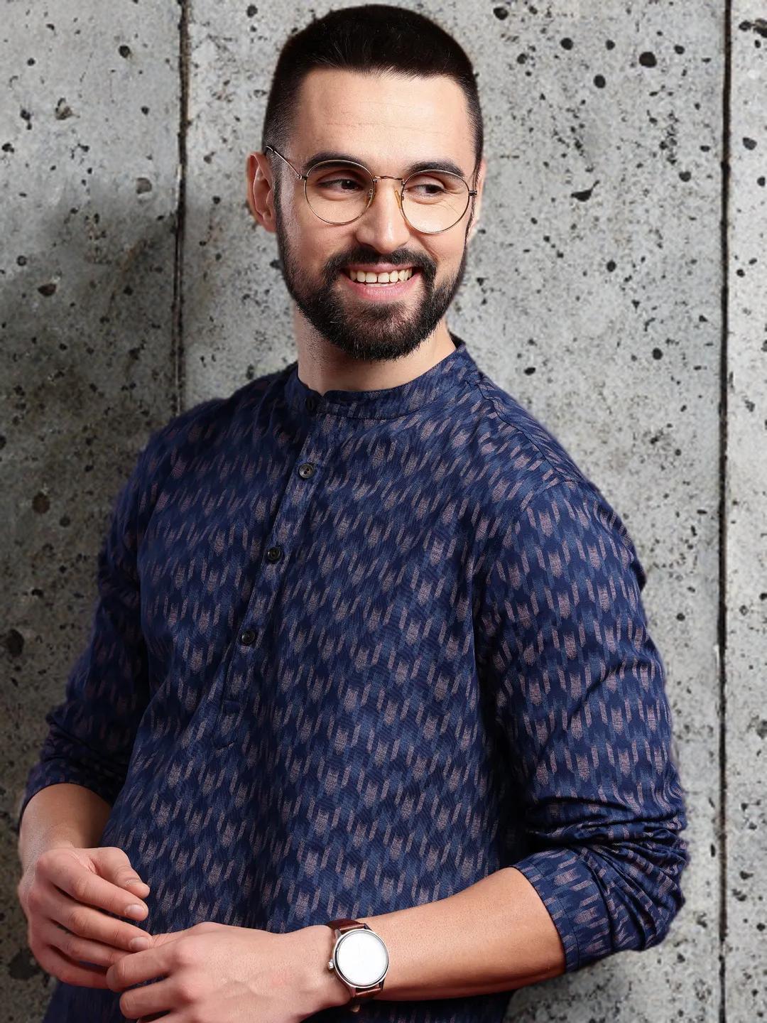 Handmade Cotton Kurta: Indigo Ikkat Printed Men's Ethnic Short Kurta Shirt
