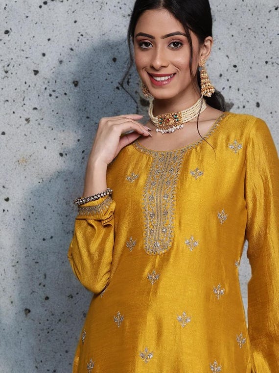 Handmade Silk Blend Kurti: Yellow Floral Motif Sequins Work Indian Ethnic Dress