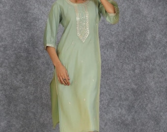 Handmade Silk Kurti: Green Ethnic Motifs Embroidered Indian Zari Dress