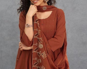 Handmade Cotton Blend Anarkali Kurta Set: Rust Embroidered Indian Ethnic Outfit with Palazzos & Dupatta