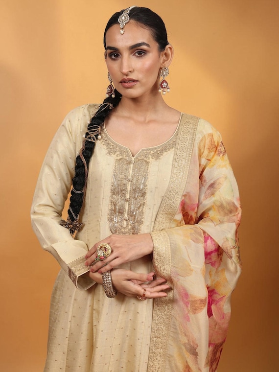 beige anarkali dress Women Embroidered Suit: Silk Blend Kurta Set With Dupatta Size:US14 - Preorder in_sale_section Showpo Mini LBD Dress sophisticated charm to ethnic