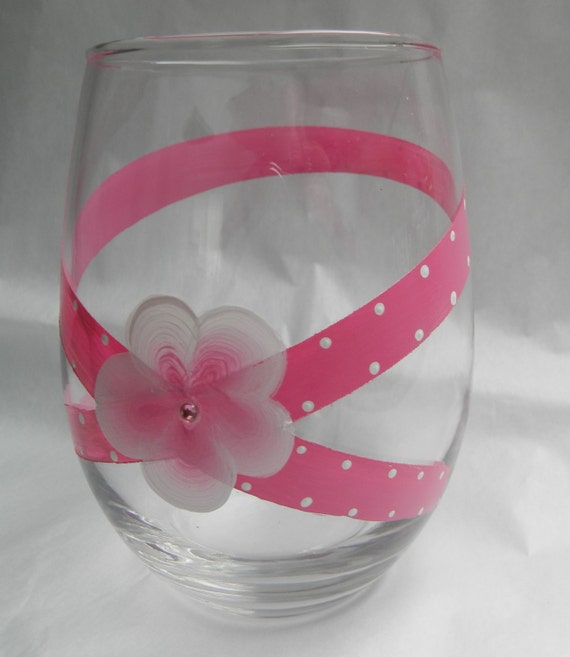 Pink Ribbon Stemless Wine Glasses Etsy