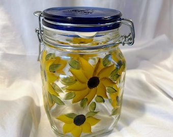 Decanter with cobalt blue lid and hand painted sunflowers