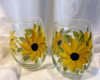 Stemless wine glasses with hand painted sunflowers