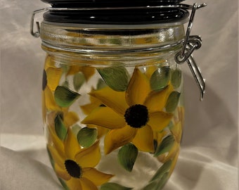 Sunflower decanter with black/white polka dot lid