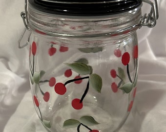Glass decanter with hand painted red cherries and black/white polka dot lid