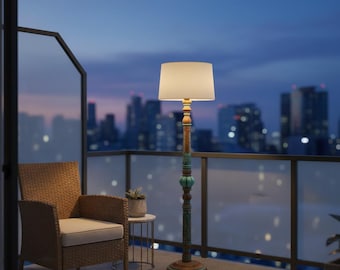 Wooden Shelf Floor Lamp with Linen Shade | Modern Storage Light