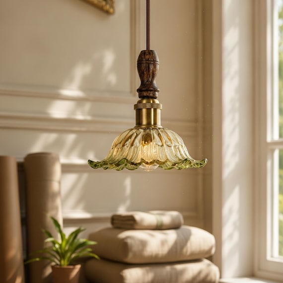 Vintage Glass Flower Pendant Light, Amber Green Brass Hanging Lamp, Cottagecore Ceiling Light