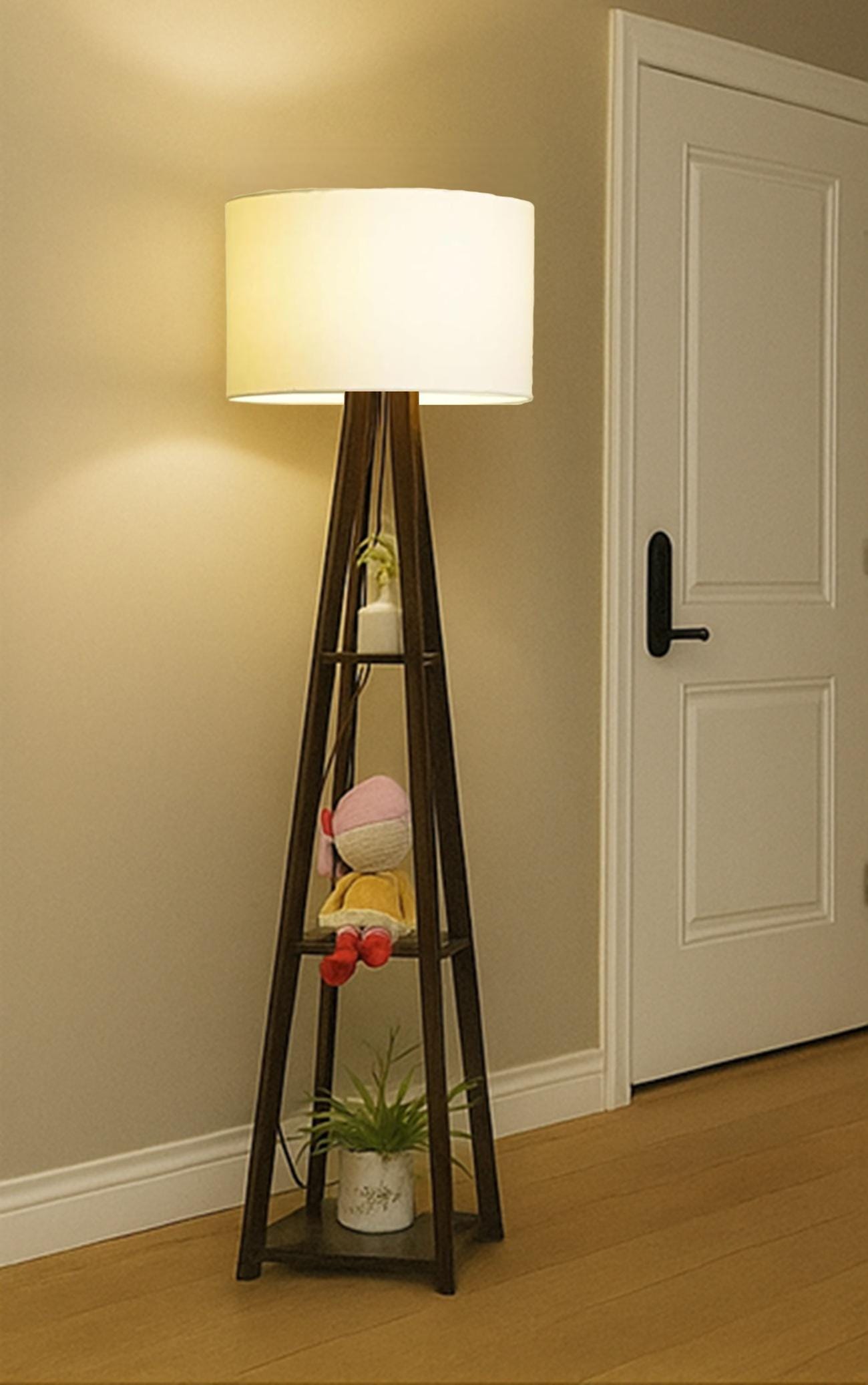 棚付きダークウッドフロアランプ：モダンなスタンドライト - Etsy 日本