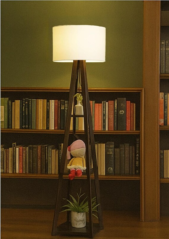 棚付きダークウッドフロアランプ：モダンなスタンドライト - Etsy 日本