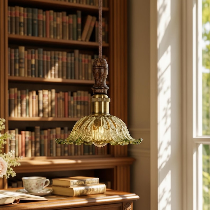 May include: A pendant light featuring a translucent, light green, fluted glass shade shaped like a flower. The fixture includes a brass-toned metal socket and a dark brown, turned wood accent piece at the top, suspended by a brown fabric cord.