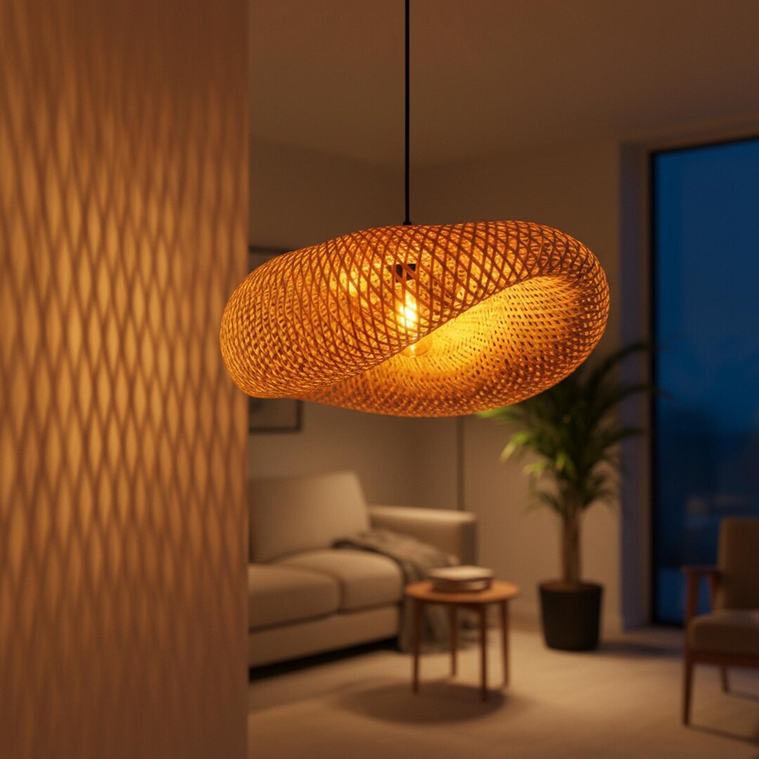 Sculptural Rattan Pendant Light | Handwoven Bamboo Hanging Lamp ...