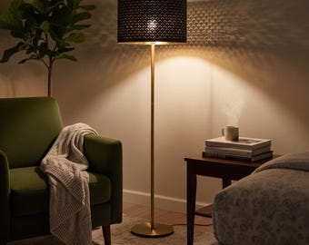 Lampada da terra moderna nera e oro: paralume a tamburo perforato, luce decorativa